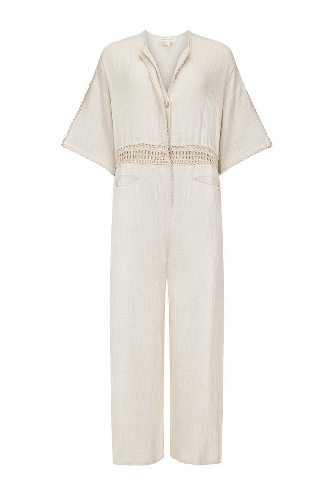 Women's cotton jumpsuit natural hue front view