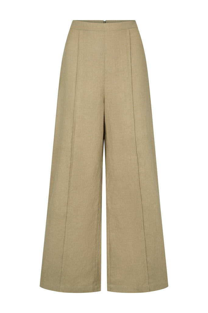 women's khaki fixed linen pant front view