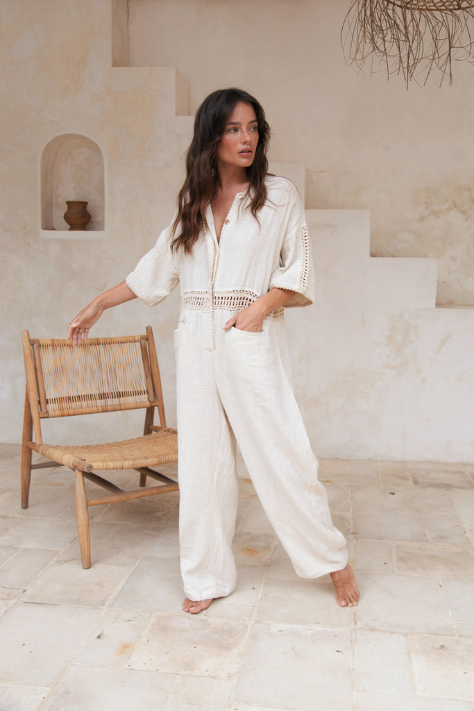 Women's cotton jumpsuit natural hue front view