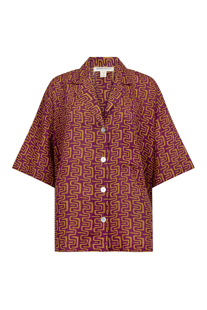 Women's linen rust print shirt front view