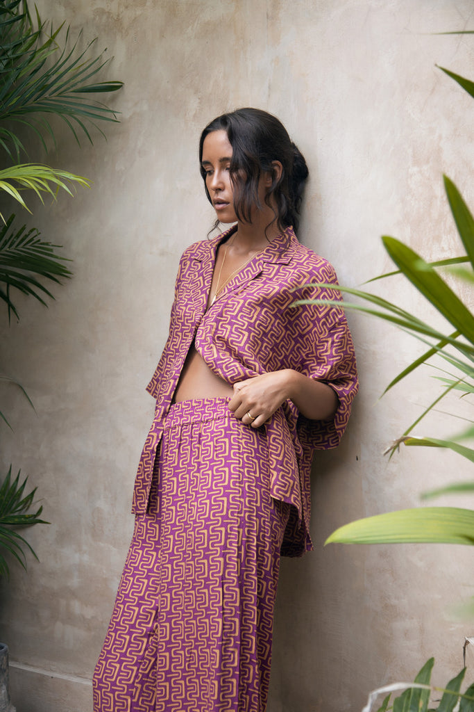 Women's linen rust print shirt with matching pant front view