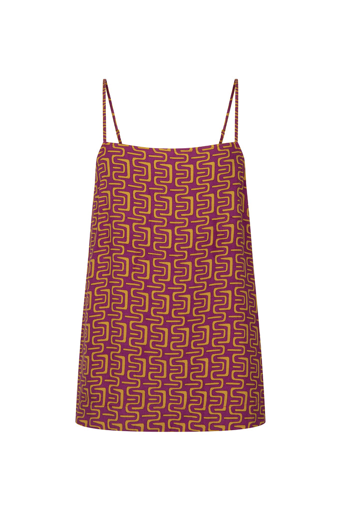 Women's linen rust print top front view