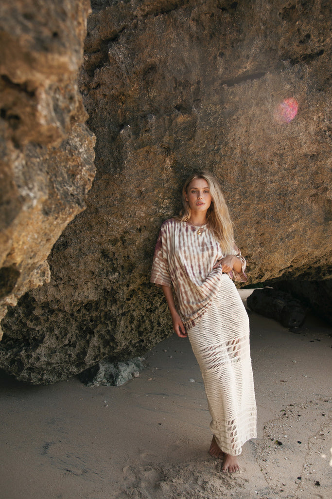 womens hemp tee with crochet cream skirt