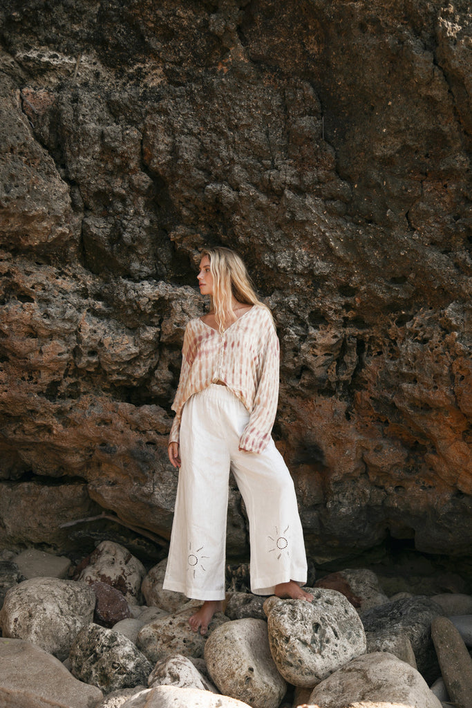 women's white highwaisted wide leg linen pant front view