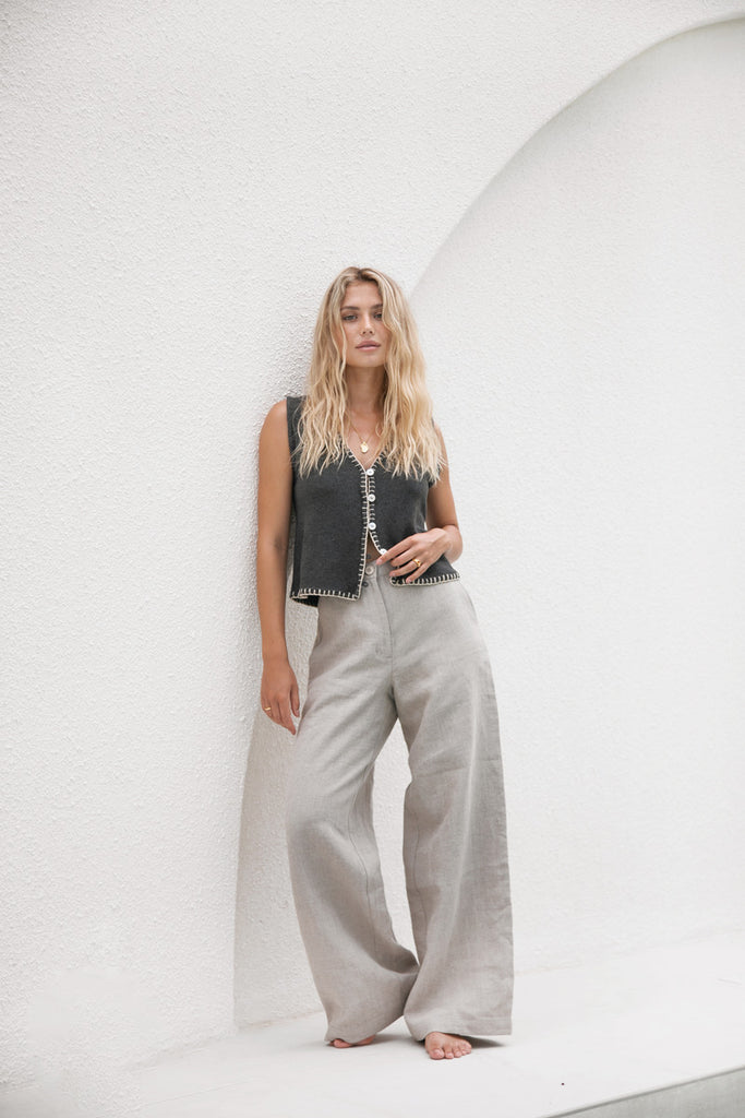 women's natural linen wide leg pant