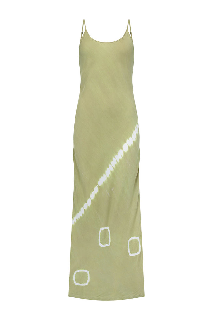 women's green tie dye silky maxi dress front view