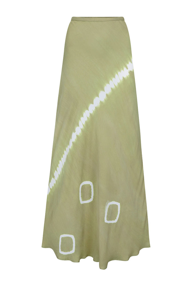 women's tie dye green silky maxi skirt front view