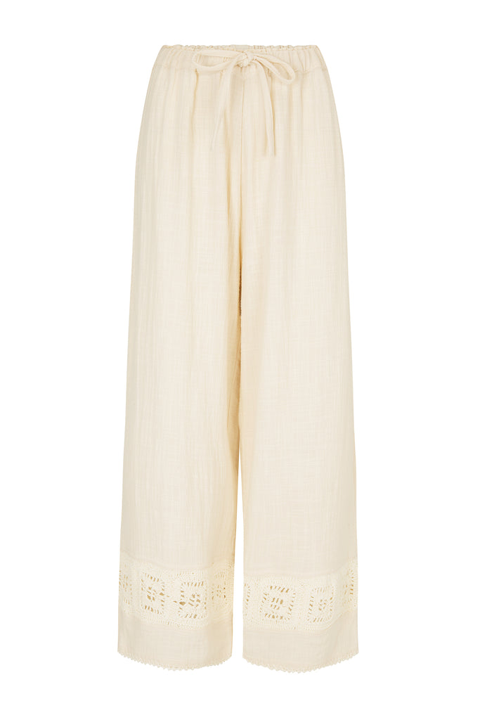 Women's cotton crochet cream drawstring pant front view