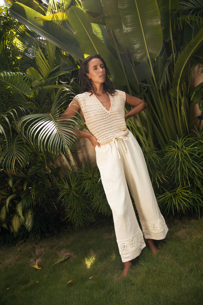 Women's cotton crochet cream drawstring pant front view