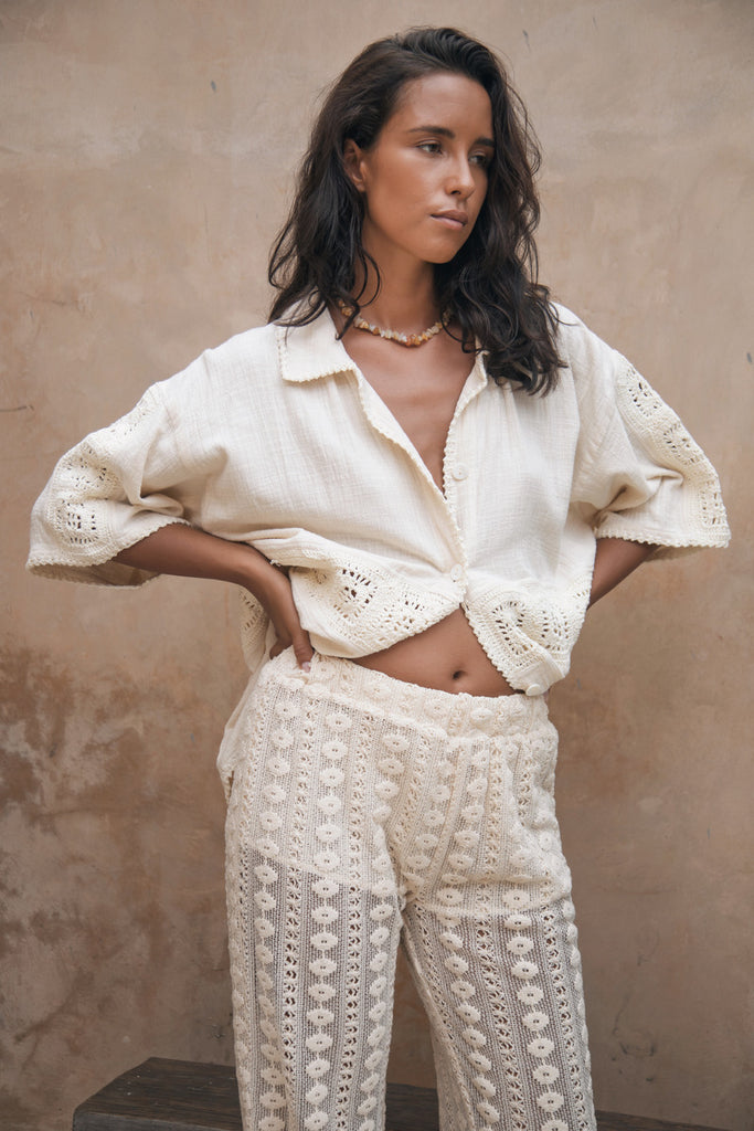 Women's cotton crochet cream shirt with lace pant