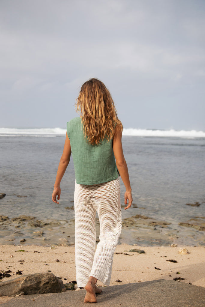 womens white cotton crochet pant back view