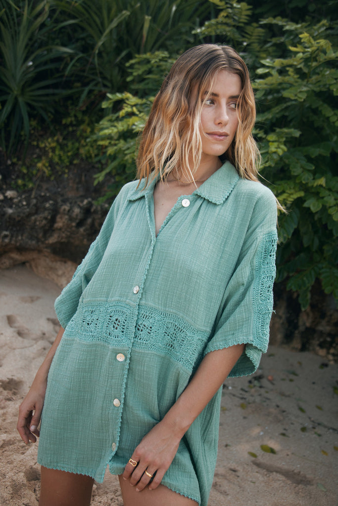 Womens Cotton crochet teal shirt front view