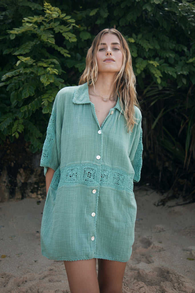 Womens teal cotton crochet shirt front view