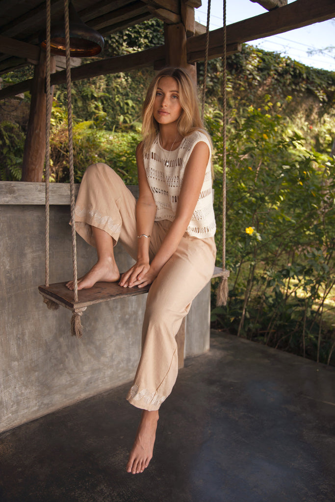 women's beige cotton pant with hand embroidery 