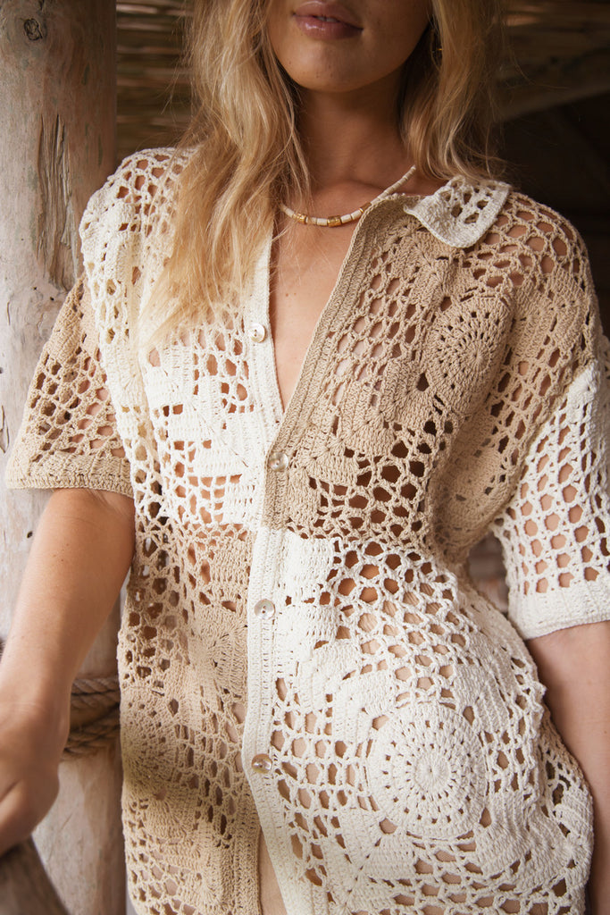 women's crochet tonal patchwork shirt front view