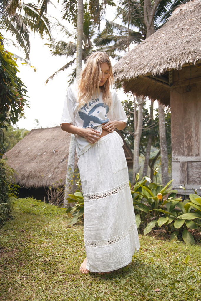 Womens white cotton maxi skirt with crochet detail front view