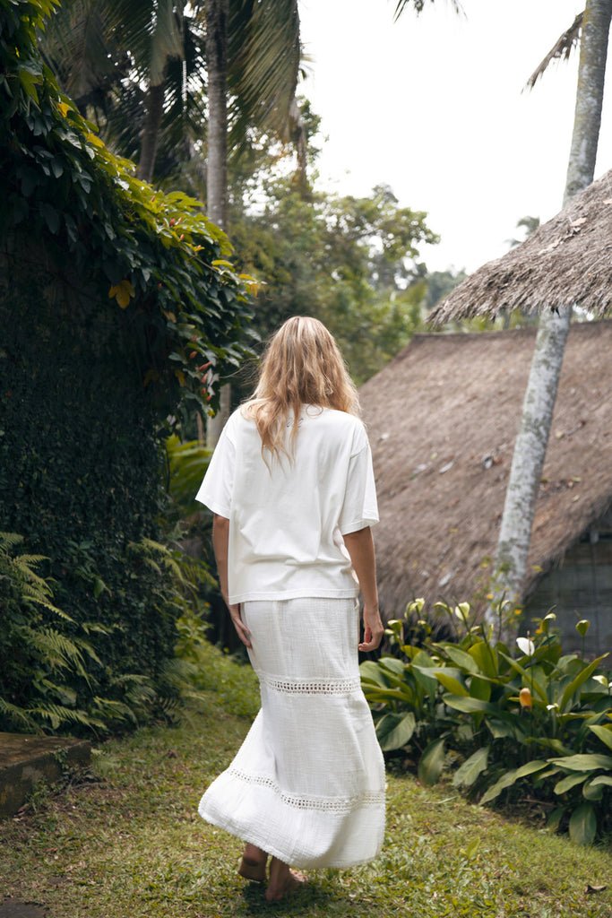 Womens white cotton maxi skirt with crochet detail back view