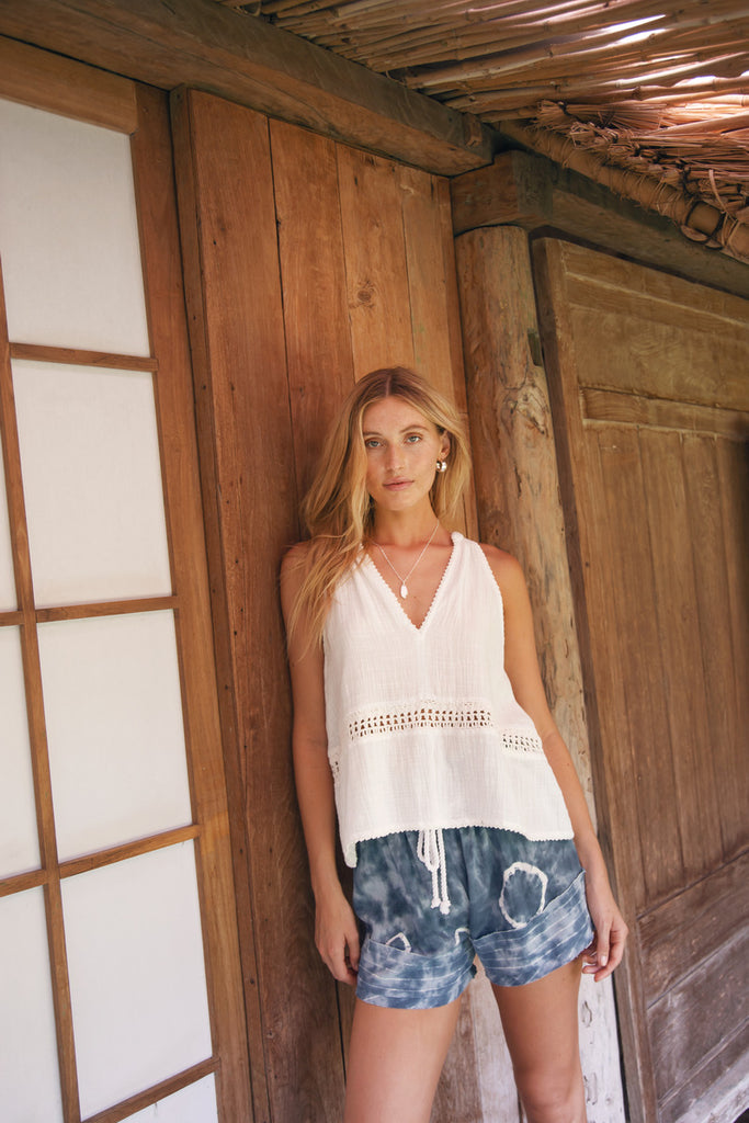 women's white cotton v neck top front view