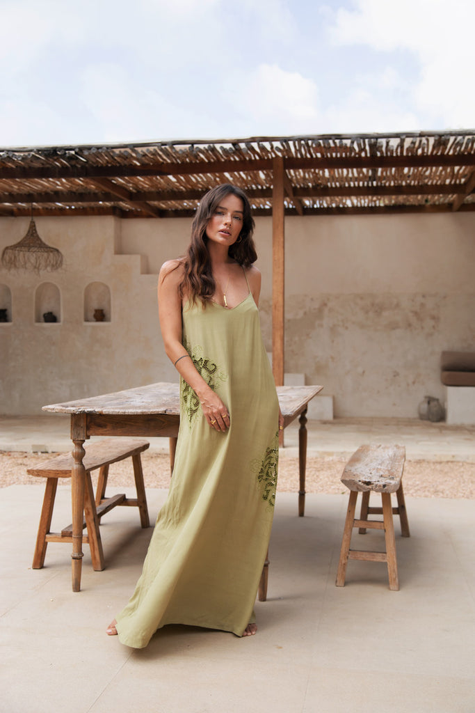 women's green viscoe maxi dress with lace detailing front view