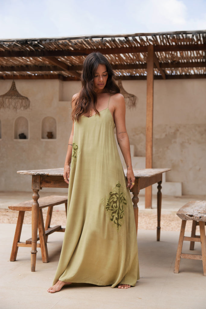 women's green viscoe maxi dress with lace detailing 