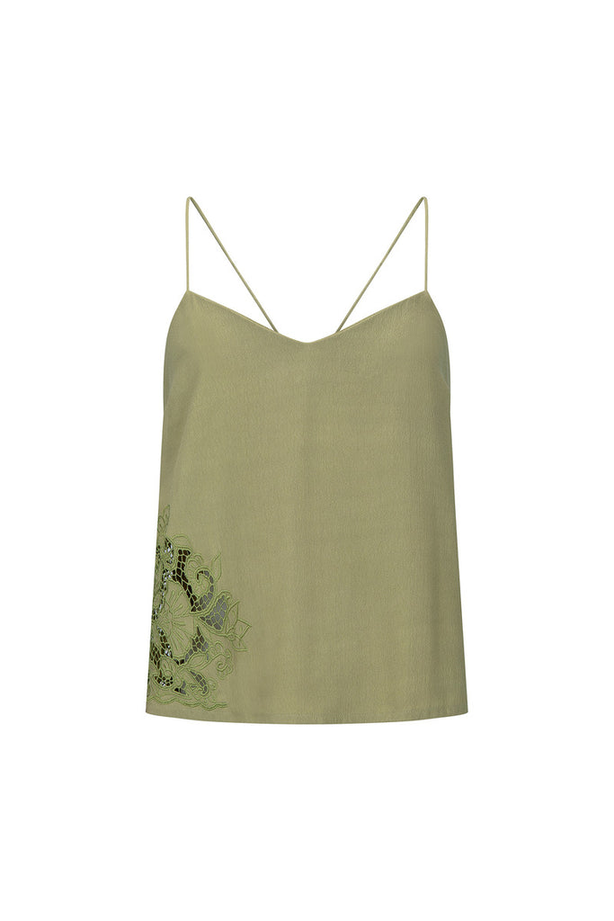 women's green camisole with lace detailing front view