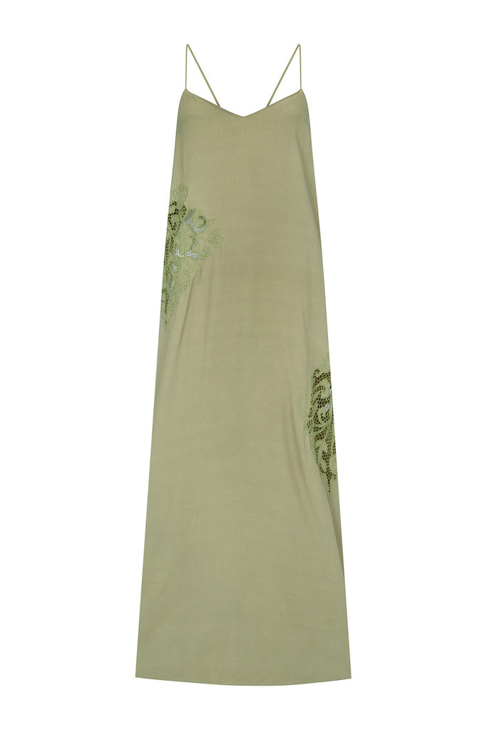 women's green viscoe maxi dress with lace detailing 