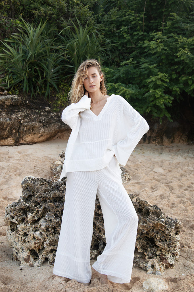 white cotton textured pant and top 