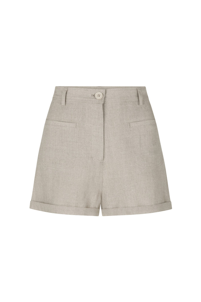 womens natural linen short front view