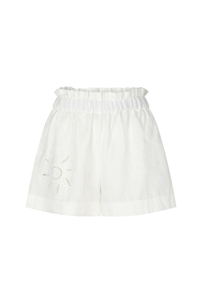 women's white linen short with sun embroidery front view