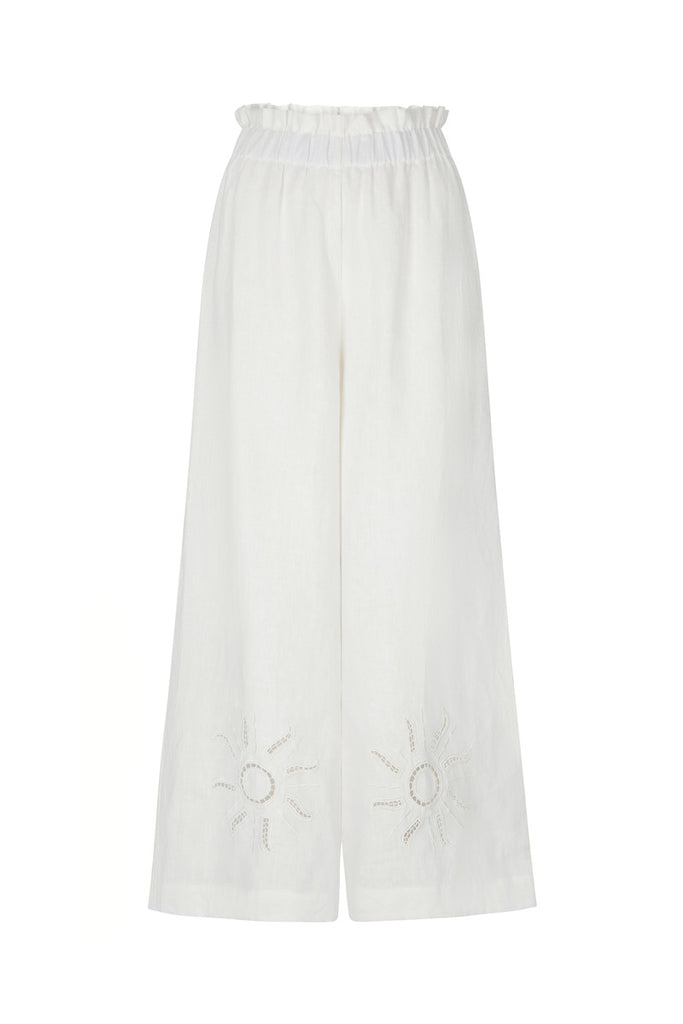 women's white highwaisted wide leg linen pant front view