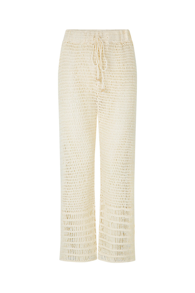 women's white cotton crochet pant with drawstring front view