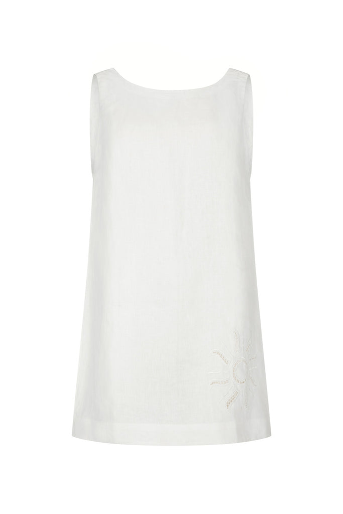 women's white linen mini dress front view