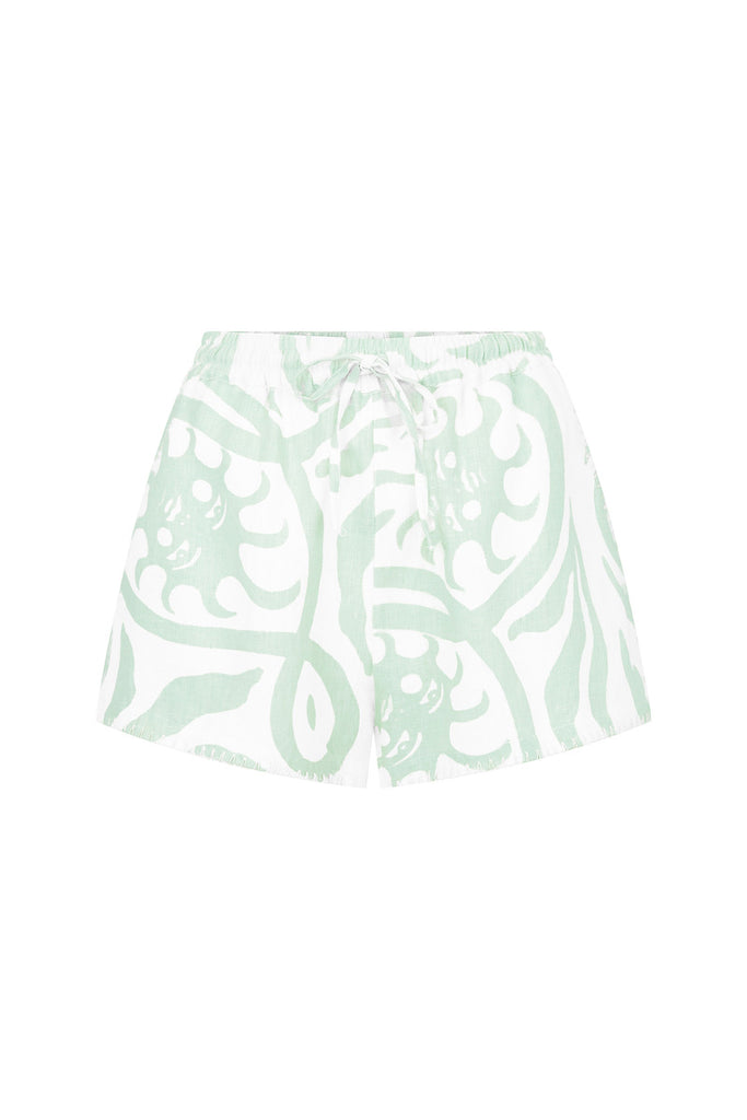 women's linen artist print short front view