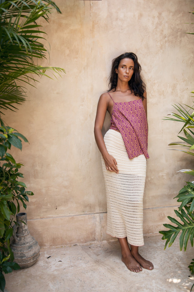 Women's linen rust print top with crochet skirt