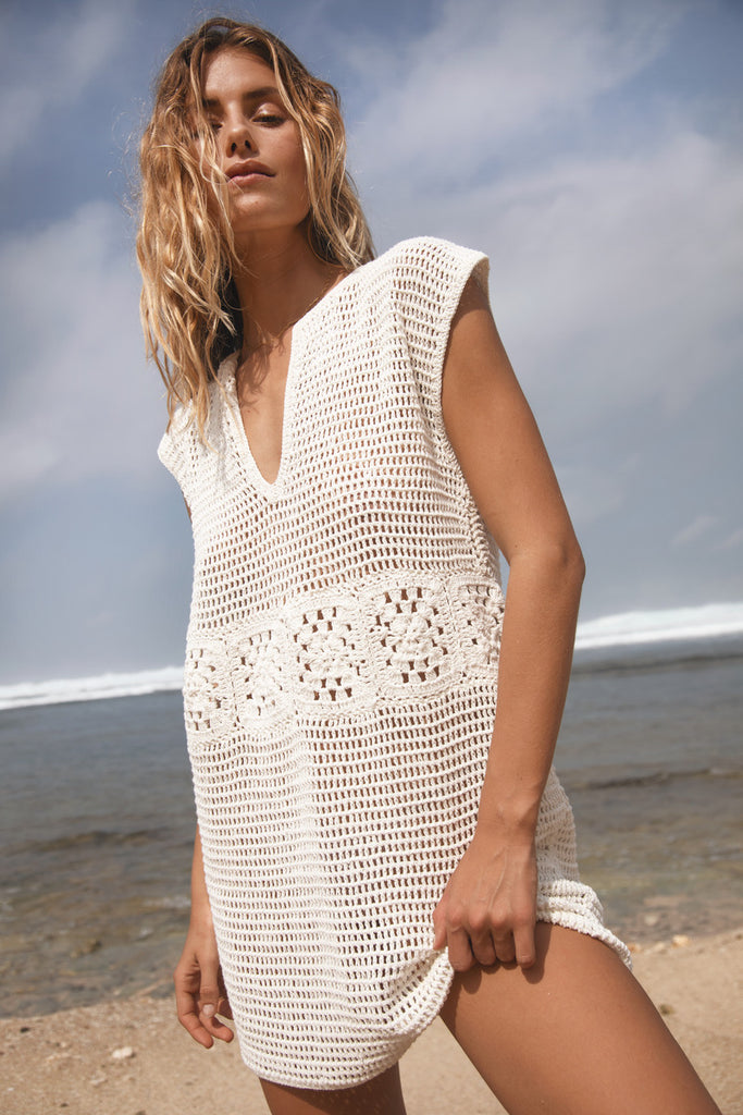 womens white cotton crochet mini dress front view