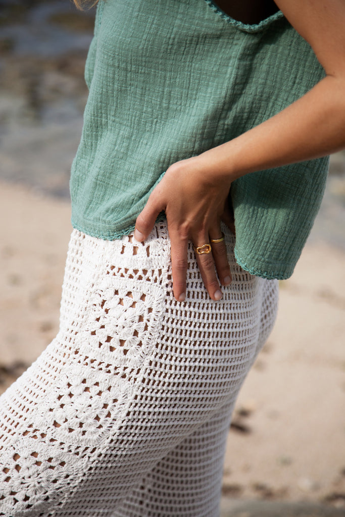 womens white cotton crochet pant close up view