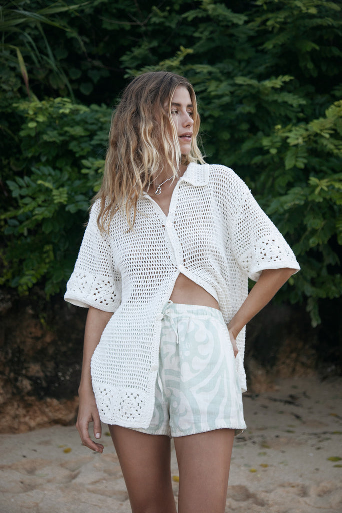 women's white cotton crochet shirt with artist print short