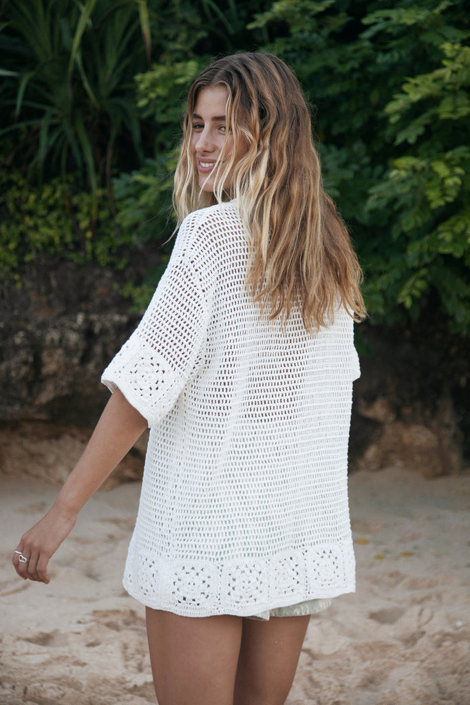 women's white cotton crochet shirt back view