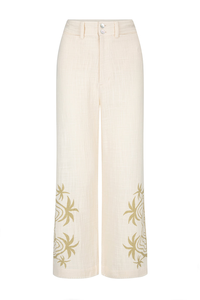 women's cotton cream palm print pant  front view