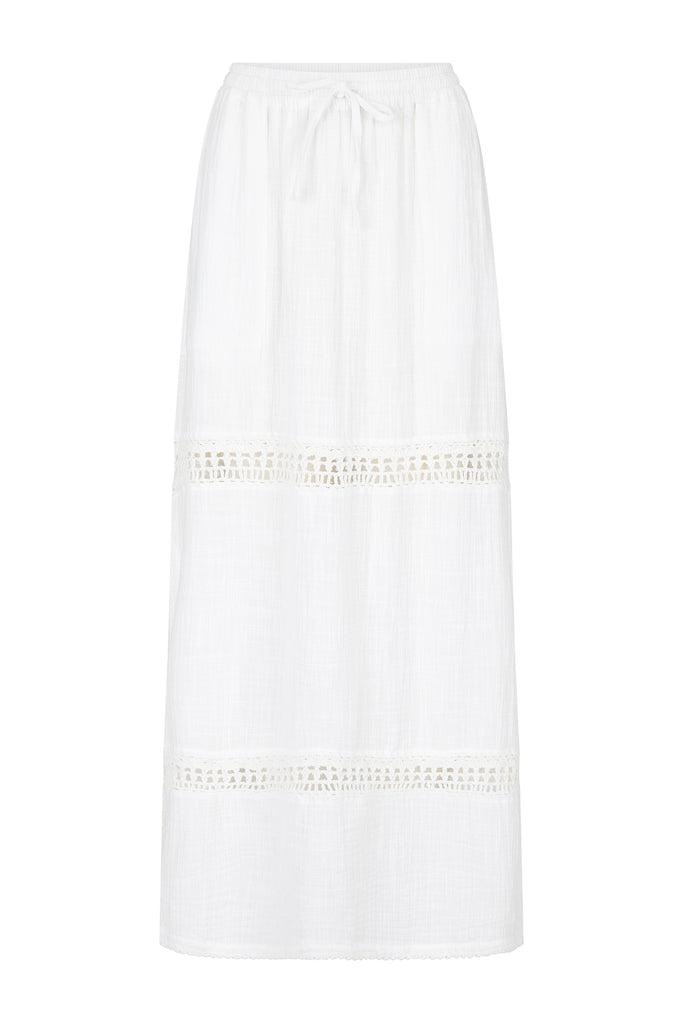 Womens white cotton maxi skirt with crochet detail front view