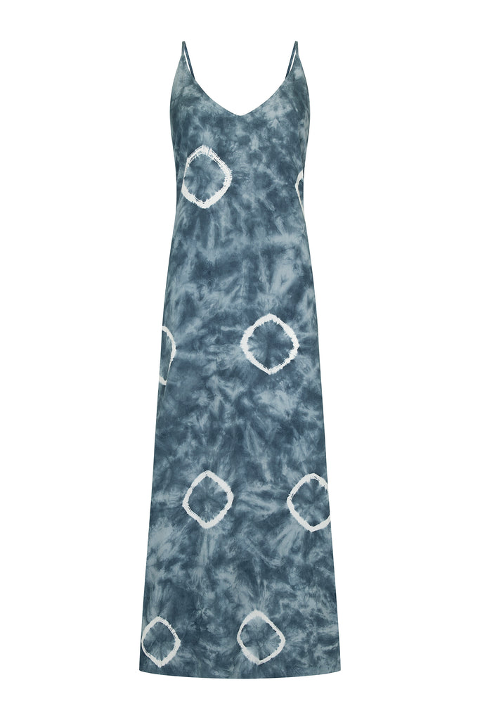 womens blue tie dye viscoe maxi dress front view