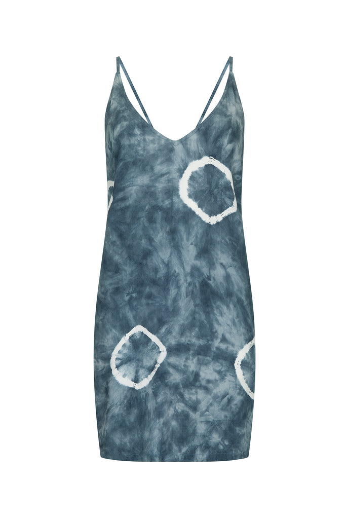 women's blue tie dye viscoe mini dress front view