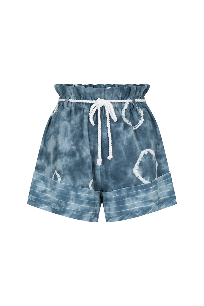 women's blue tie dye short front view