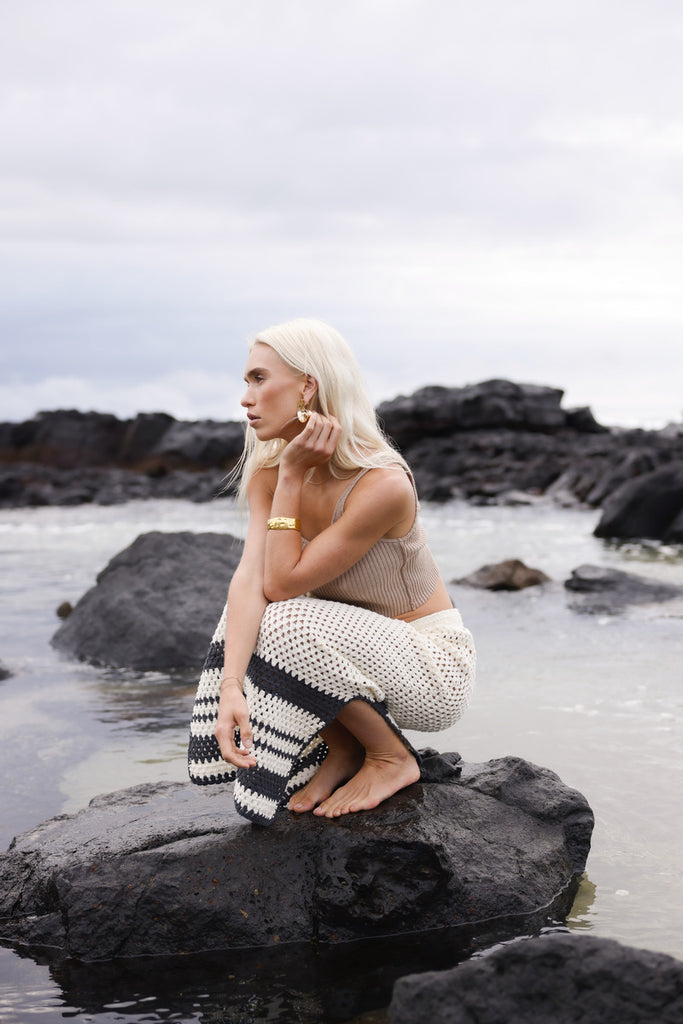 womens cream crochet midi skirt side view 