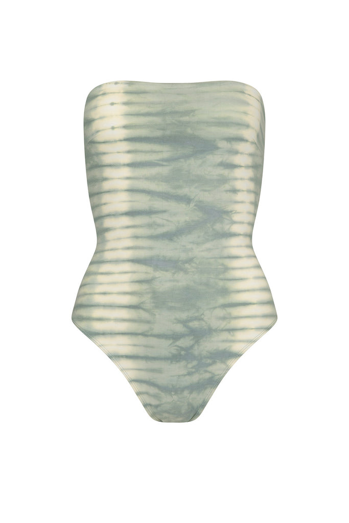 womens cotton rib strapless teal tie dye bodysuit front view