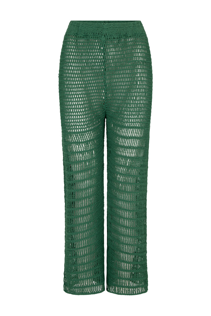 women's green crochet pant front view