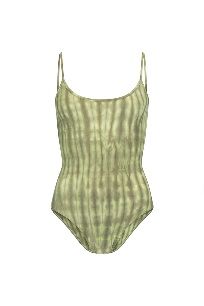 womens green cotton tie dye bodysuit front view