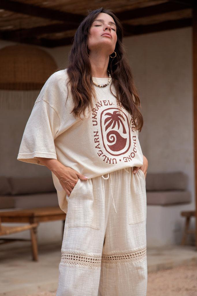 model wearing natural wooden beaded stone necklace 