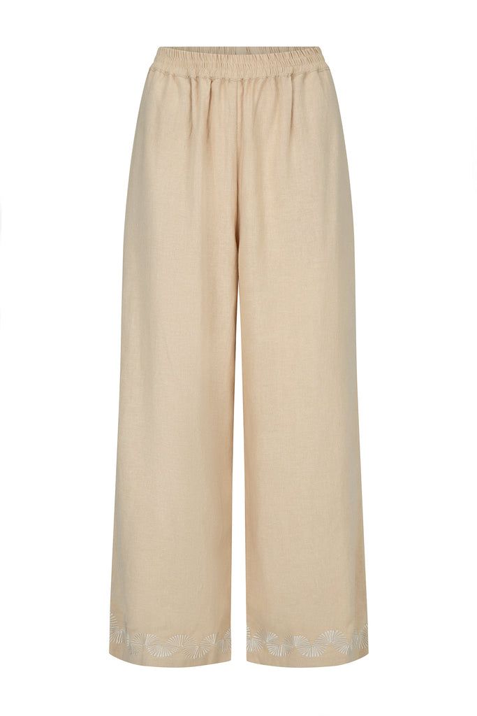 women's beige cotton pant with hand embroidery front view