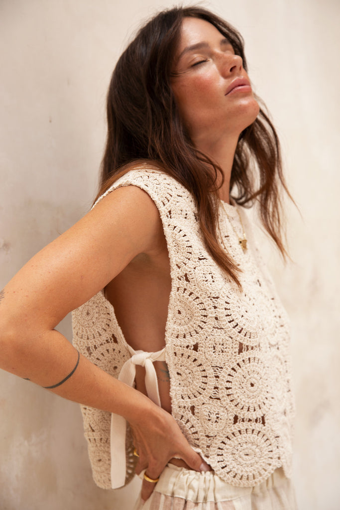 women's cotton crochet cream tank top 